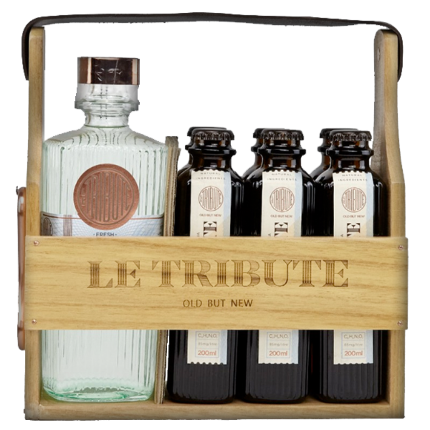 Le Tribute Gin Holzbox 43°, 1Fl Le Tribute Gin und 6 Le Tribute Tonic
